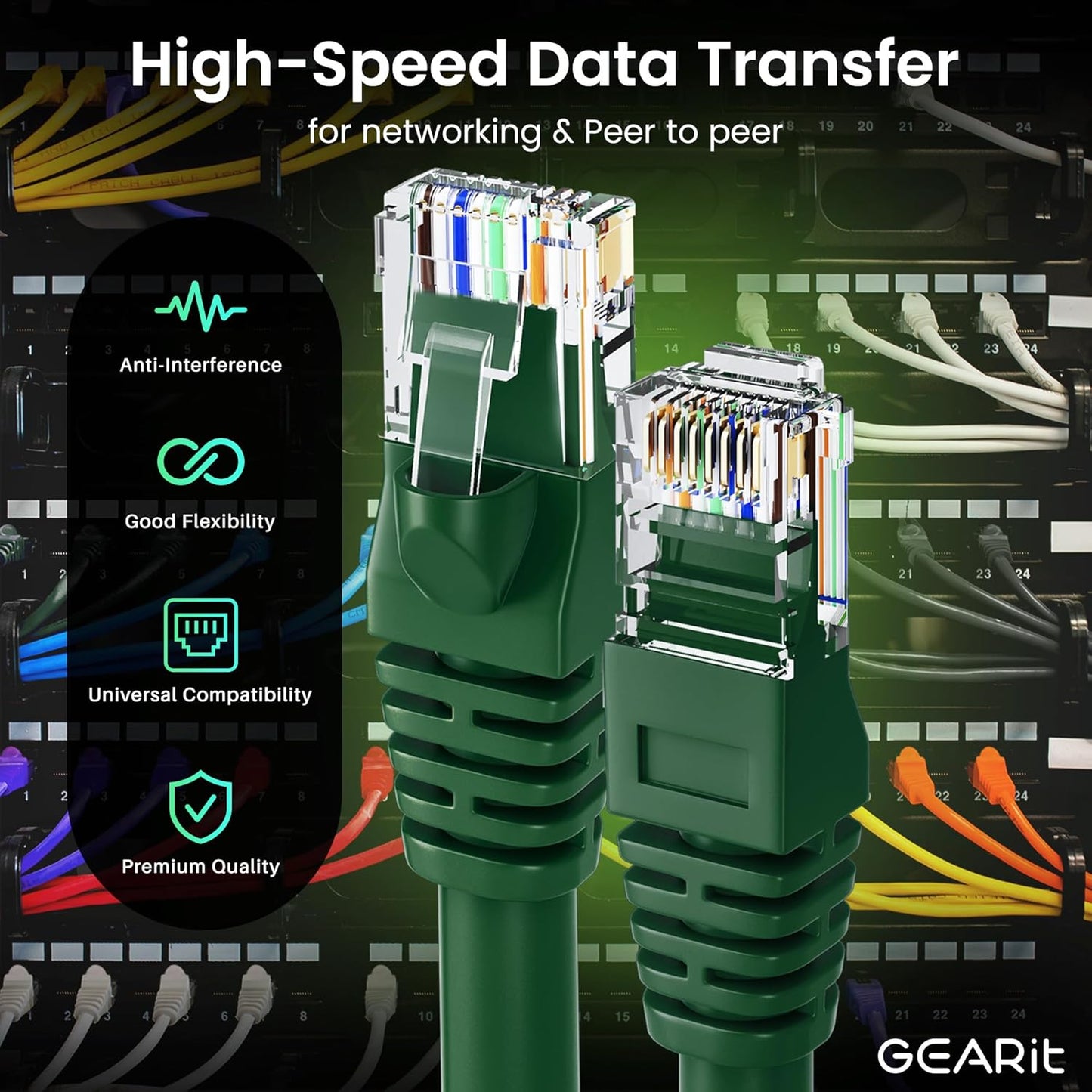 Cat 6 Ethernet Cable (10-Pack 10 Feet) Cat6 Network Patch, 10Gbps, RJ45, Snagless Cord, Gold-Plated Connectors, Internet for PC, TV, Tablet, Router, Printer, Servers, IT Data Center - Green